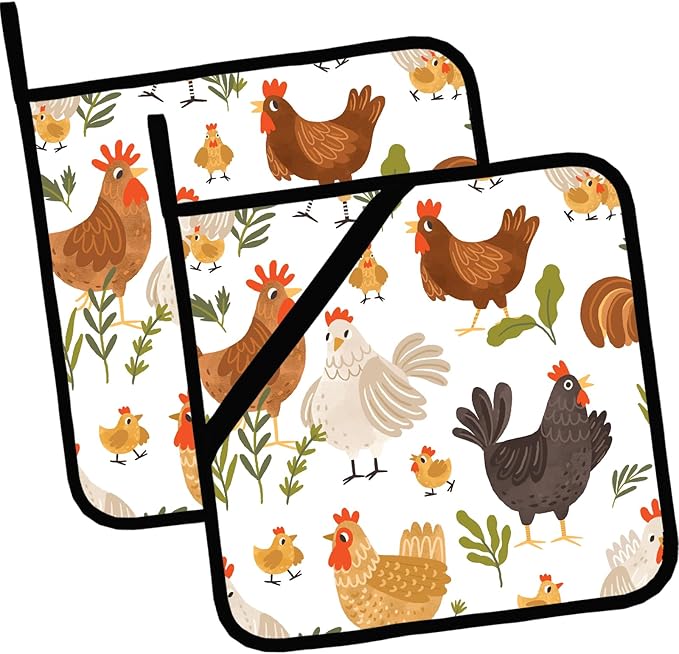 Cute Roosters Pot Holders Set of 2,Kitchen Heat Resistant Potholders for Microwave Cooking Baking Oven and BBQ Gifts for Women