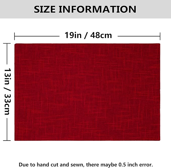 Kevin Textile Christmas Burlap Linen Placemats Set of 6 Heat Resistant Dining Table Place Mats Washable Kitchen Table Mats for Dinning Party Holiday Indoor Outdoor, 13 x19 inches, Burgundy