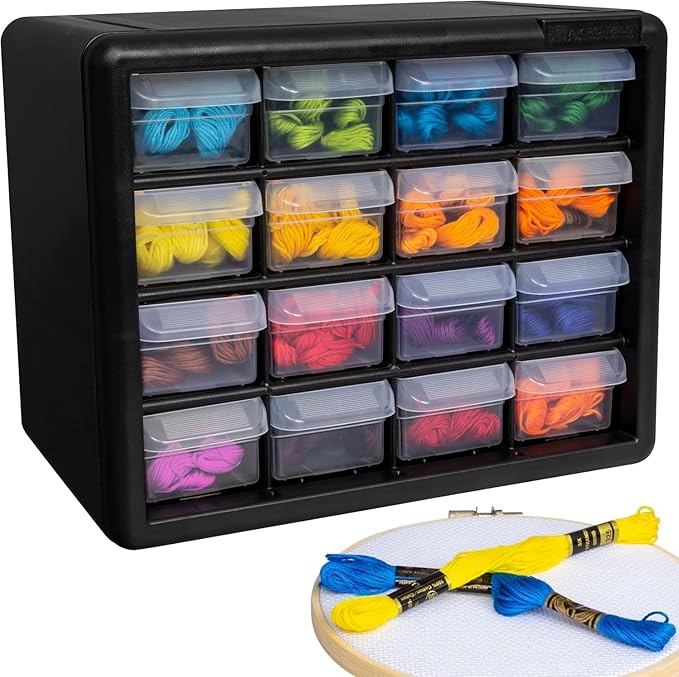 Akro-Mils 16-Drawer Plastic Drawer Storage Cabinet for Garage Organization, Beads, Makeup Organizer, Building Bricks Storage, Teacher Toolbox, 10-1/2" W x 6-1/2" D x 8-1/2" H, 10716 Black