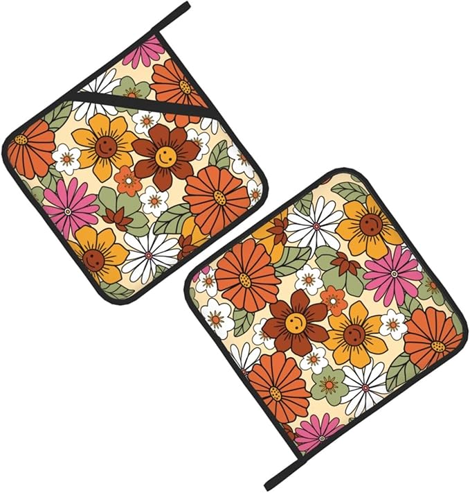 Boho Pot Holders 2PCS,Potholders for Kitchen Heat Resistant Microwave Cooking Baking Oven and Dishes and BBQ Gifts for Women(Retro Groovy Flower)