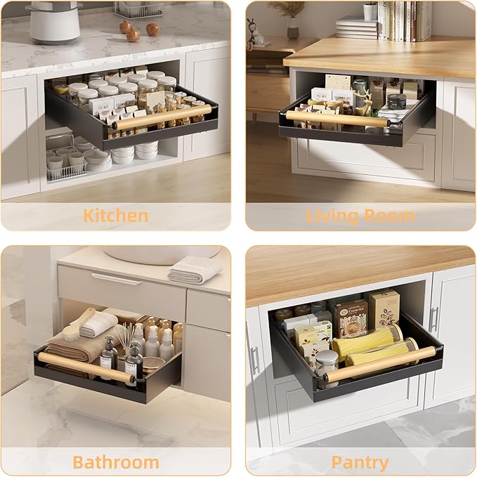 Pull Out Cabinet Organizer, 15.3'' Deep Expandable Slide Out Cabinet Organizer Fixed with Adhesive Nano Film, Slide Out Drawers Pull Out Tray for Cabinet in Kitchen, Pantry, Bathroom, Black