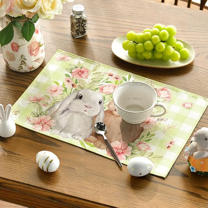 Artoid Mode Green White Bunny Rabbit Flowers Buffalo Plaid Easter Placemats Set of 4, 12x18 Inch Spring Table Mats for Party Kitchen Dining Decoration