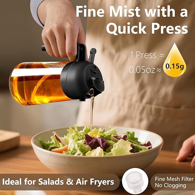 SWEET VIEW 2PCS Olive Oil Sprayer for Cooking, 16oz/470ml Glass Oil Dispenser/Pour Bottle, Kitchen Accessories, Kitchen Gadgets for Air Fryer, Salad, BBQ, with Stickers (Black,Green)