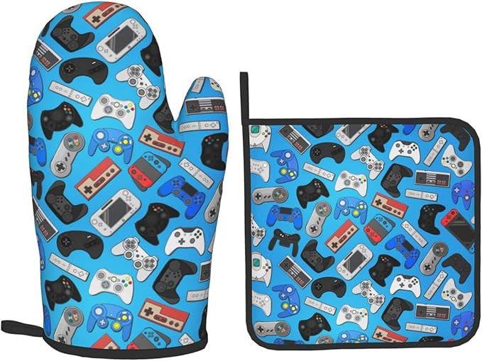 Video Game Controller Background Oven Mitts and Pot Holders Colorful Heat Resistant Oven Mitts Safe for Baking Cooking BBQ