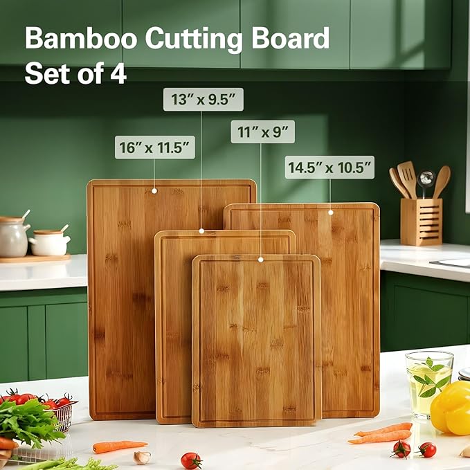 Zarler Bamboo Cutting Boards for Kitchen, 4 Piece Durable Wood Cutting Board with Juice Grooves and Handles, Wooden Chopping Board Set for Meal Prep, 500℉ Carbonized Bamboo, Ideal Kitchen Gift