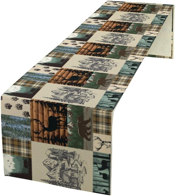 Cabin Bear Deer Table Runner Vintage Rustic Farmhouse Animal Art Printed Dinner Runner for Home Kitchen Dining Table Decor Fabric 1 Panel W13xL36in