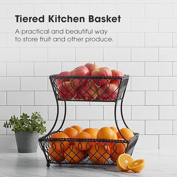 Gourmet Basics by Mikasa Loop and Lattice 2-Tier Rectangular Metal Countertop Basket, 14.25 x 12 Inches, Antique Black Finish, Kitchen Fruit and Bread Storage Organizer