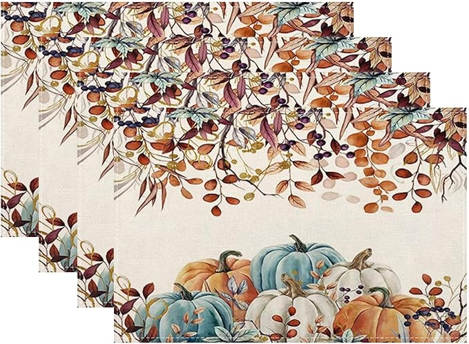 Fall Harvest Placemats 12x18 Inch Set of 4, Thanksgiving Pumpkin Table Place Mat Autumn Maple Leaves Washable Table Mats Decorative Linen Fabric Table Mat for Dining Table