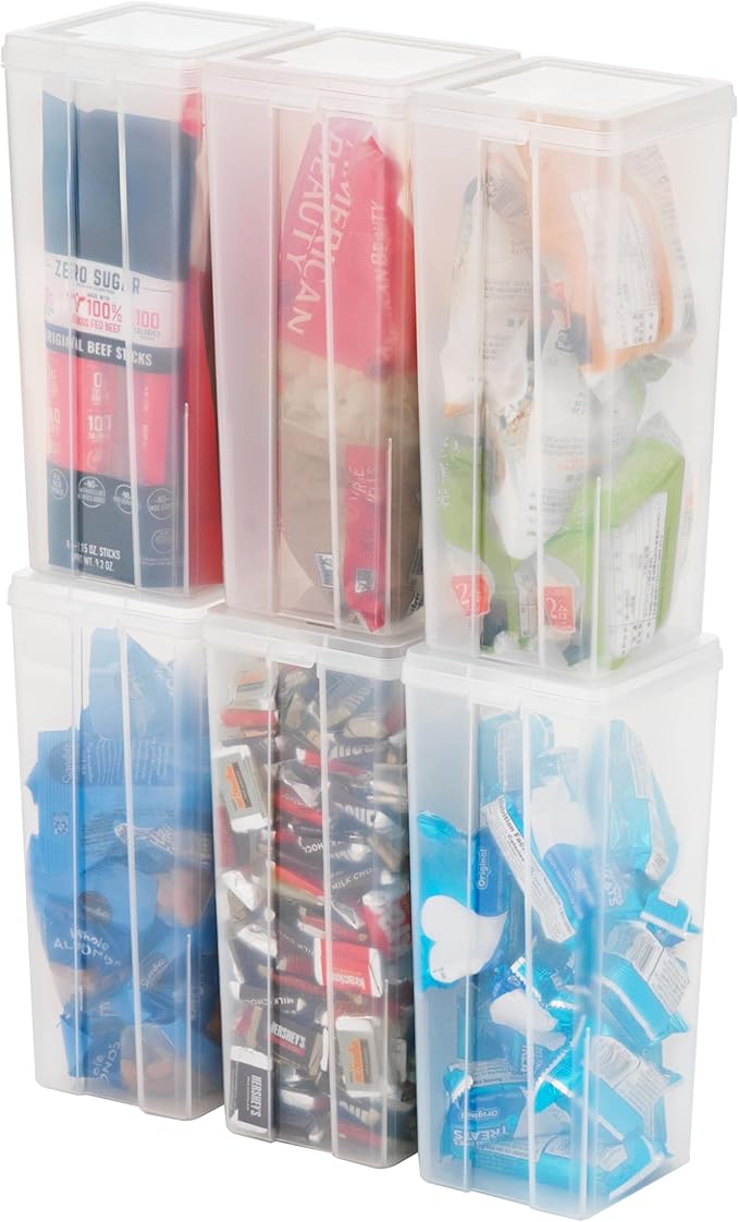 IRIS USA Vertical Plastic Flip Top Storage Containers Bins with Lids for Pantry, Home, Office, Organization, Large, Stackable Hinged Organizer with Latches, Clear, 6 Pack