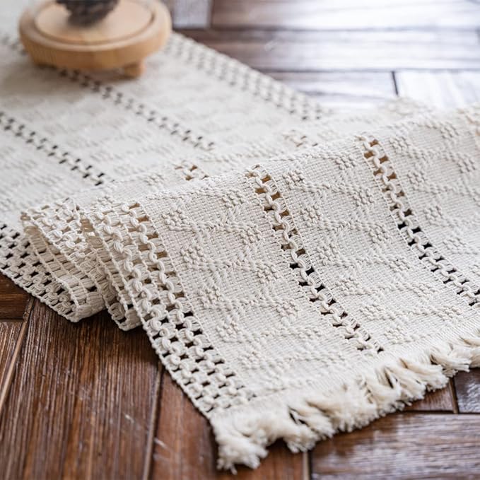 Alynsehom Macrame Table Runner Cream Beige Boho Table Runners with Tassels Hand Woven Cotton Table Runner Rustic Farmhouse Table Runners for Bohemian Kitchen Dining Table(12x108in)
