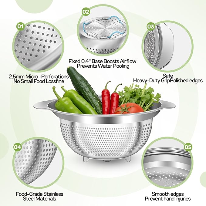 Stainless Steel Colander for Kitchen Pasta Rice Strainer for Spaghetti Fruit Cooking Food 3 Pcs Set Metal Mesh Strainers and Colanders(2QT, 3QT, 5QT),Dishwasher Safe,with Over-Sink Water Draining Base