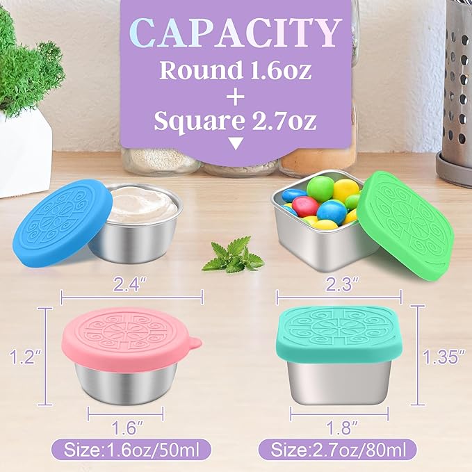 Qukaka 6 PCS Salad Dressing Container to Go,Handy Leakproof Stainless Steel Meal Prep Containers Reusable,Sauce Containers for Lunch Box, Picnics, Travel, Office and Kitchen Storage-1.6oz+2.7oz