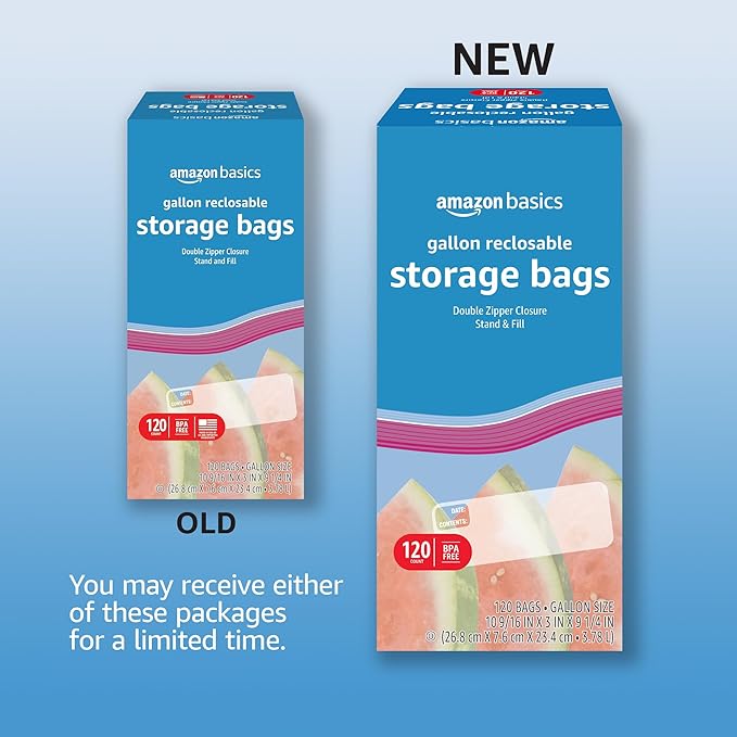 Amazon Basics Reclosable Gallon Food Storage Bags | Stand & Fill Base | 120 Count | Pack of 2