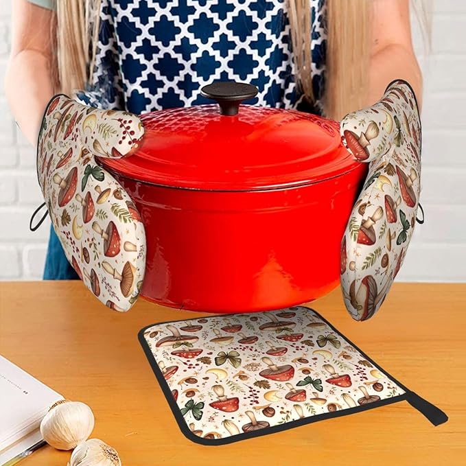 Mushroom Pot Holders and Oven Mitts Set, Botanic Farmhouse Potholders and Oven Mitts for Baking Cooking Grilling BBQ, Mushroom Gifts for Women Chef Baker