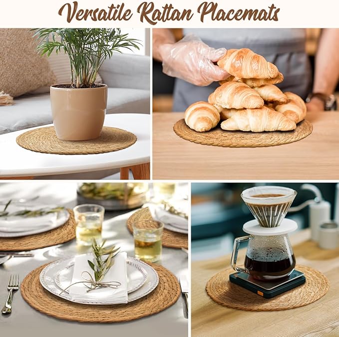 13 in Round Woven Boho Placemats Set of 8, Wicker Rattan Place Mats Chargers for Dinner Plates, Farmhouse Rustic Table Mats for Dining Table Decor