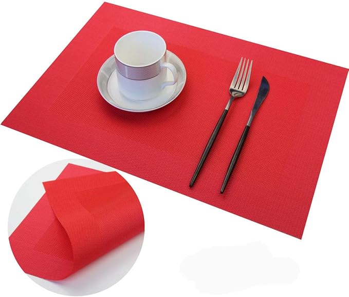 PIGCHCY Placemats Vinyl Washable Table Mats Elegant Non-Slip Placemats for Dinner Table Set of 4 (Red)