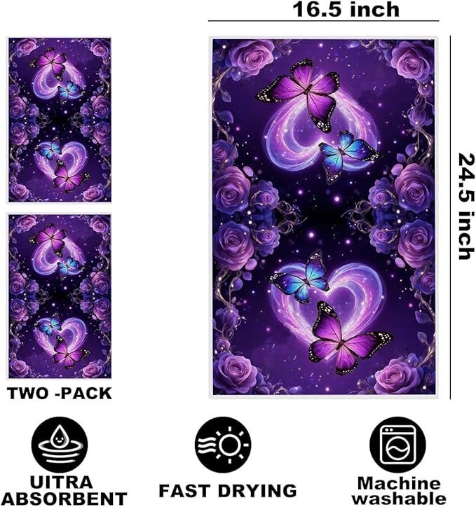 2 Pcs Purple Butterfly Kitchen Towels, Butterfly Soft Absorbent Tea Hand Towel, Waffle Dish Towels for Kitchen Bathroom Home Decor, Housewarming Gifts for Women Mom