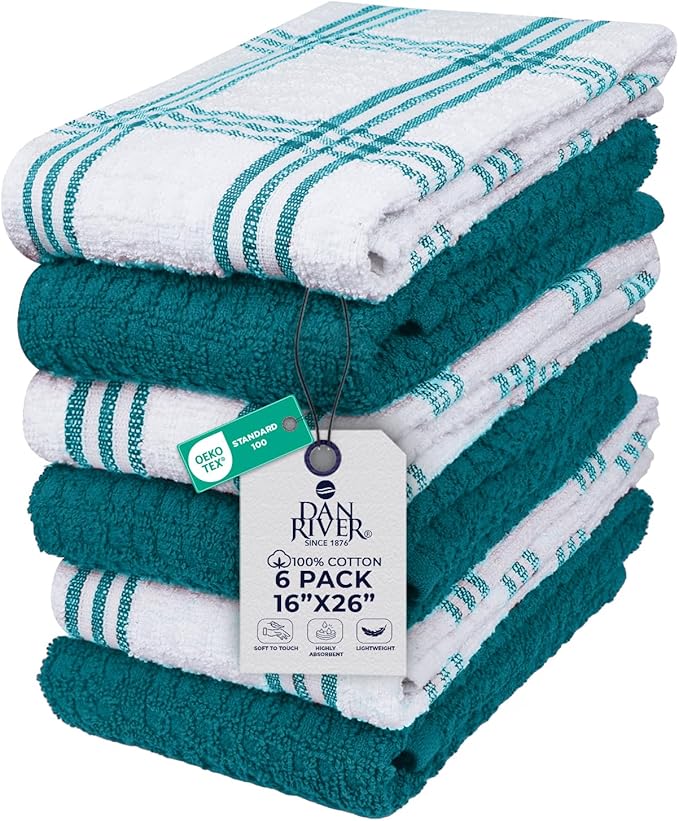 DAN RIVER Premium Kitchen Towels - [Pack of 6] 100% Cotton (16x 26 Inches) -Super Soft,Highly Absorbent, Quick Dry, Dish Towels for Kitchen Towels -Teal
