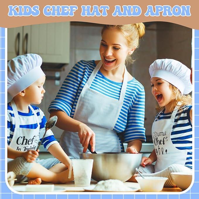 2 Pack Kids Apron and Chef Hat Adjustable Kitchen Cooking Apron with Pockets Kids Funny Apron for Girls Boys