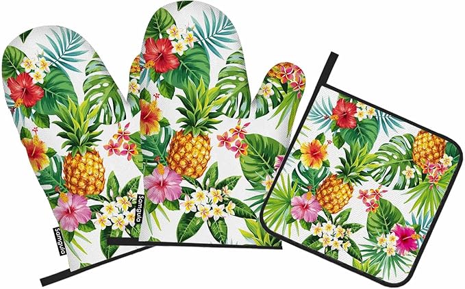 Tropical Pineapple Oven Mitts and Pot Holders Sets Palm Tree Flower Fruit Heat Resistant 3pcs for Cooking Baking BBQ