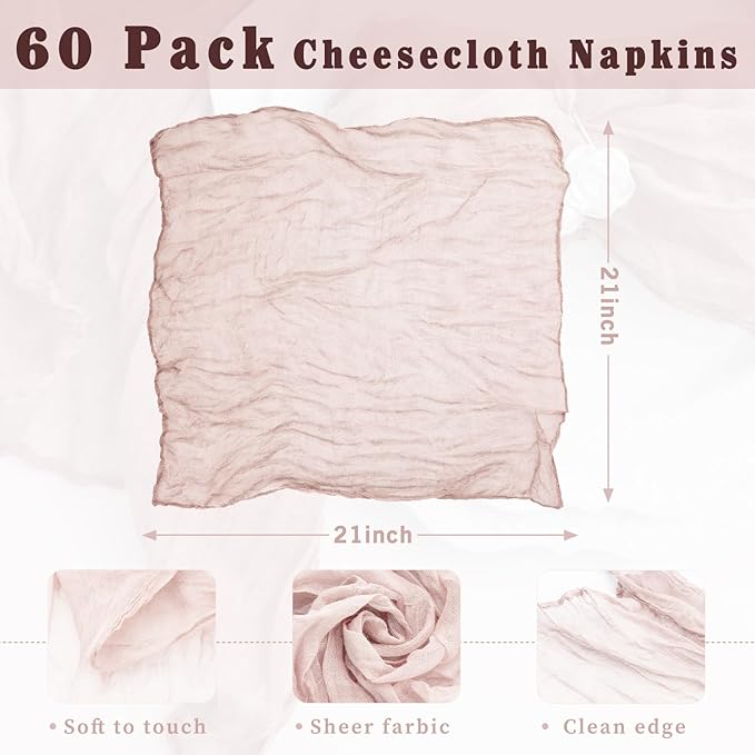 60 Pack Dusty Pink Cloth Napkins 21x21 Inches Dusty Pink Cheesecloth Napkins Set of 60 Washable Dinner Table Napkins for Wedding Bridal Baby Shower Party Rustic Boho Cotton Gauze Party Table Decor