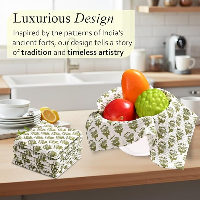 CPC Emerald Green Hand Block Printed Cotton Waffle Dish Cloth Set of 12-12x12 Inch Super Absorbent, Soft, Reusable Kitchen Towels for Dish Drying & Cleaning Ideal for Spring, Mother's Day