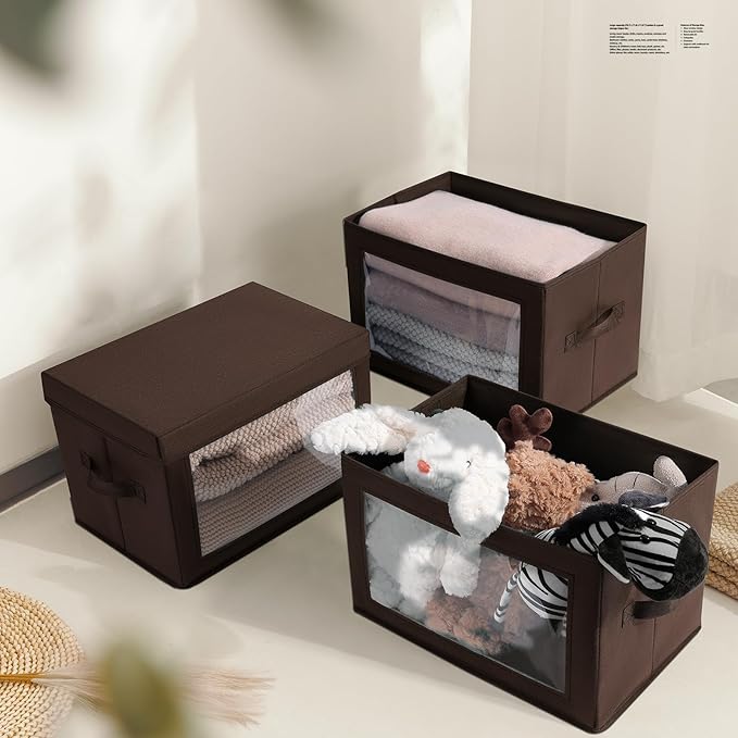 Homsorout Collapsible Storage Bins with Clear Window - Clothes Organizers and Storage, Decorative Boxes with Lid, Fabric Storage Cube, Storage Baskets for shelves, Yarn, Home, Brown, 4-Pack