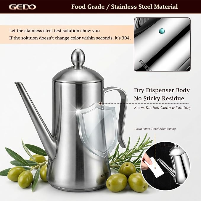GEDO 304 Stainless Steel Oil Dispenser, Eagle Beak Drip-Free Spout Oil Pot with Extra Wide Mouth & Air Vent Lid, Large Capacity for Kitchen Cooking & Outdoor Grilling (1.37QT / 1300ml)