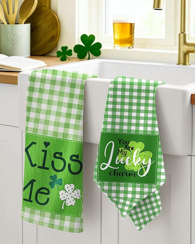 Miss Adola St. Patrick's Day Kitchen Towels Set of 2 - Flour Sack Tea Towels with Hanging Loop 18x26 Inch Green Lucky Charm Hand Dish Cloths Reusable Dishcloths Celebrate Patricks Day Decor