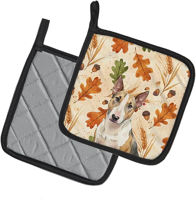 Caroline's Treasures Tricolor Miniature Bull Terrier Heirloom Fall Pair of Pot Holders Pair 7.5x7.5 Quilted Insulated Hot Pads Decorative Kitchen Gift Made in USA