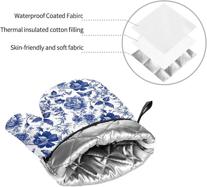 Blue and White Porcelain Floral Butterfly Oven Mitts and Pot Holders Set of 4,Vintage Chinoiserie Heat Resistant Non-Slip Potholders Oven Gloves and Pad for Kitchen Cooking Baking Grilling BBQ