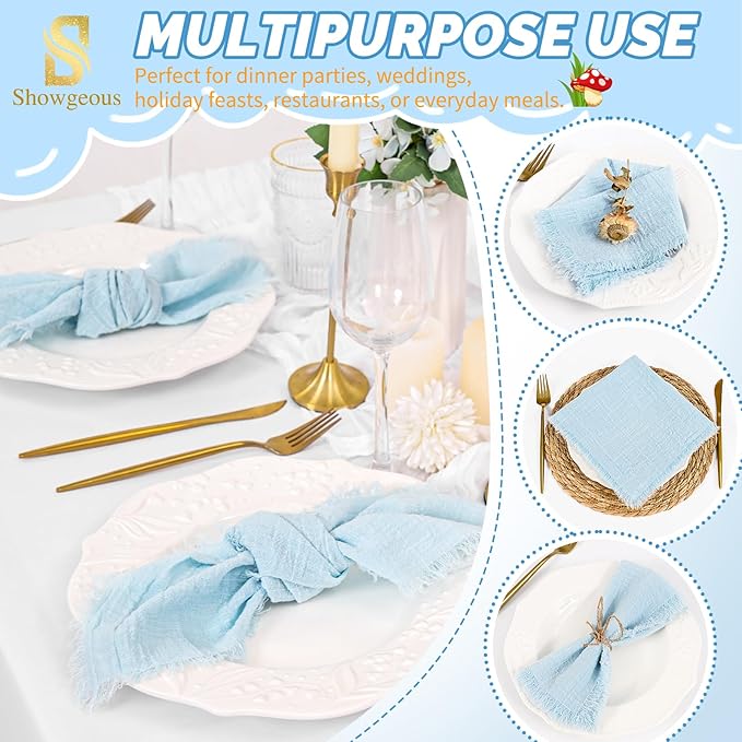 Showgeous 10 Pack Light Blue Cloth Napkins with Fringe 16x16 inch 100% Cotton Blue Napkins Handmade Dinner Napkins Bulk Washable Soft Rustic Table Napkins for Wedding Parties Bridal Baby Shower