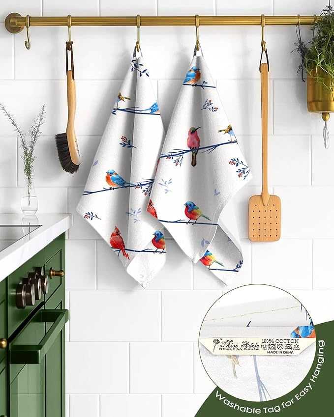 Miss Adola Flour Sack Kitchen Towels Set of 2-18x26 Cotton Dish Towels with Hanging Loop Reusable Tea Towel for Cleaning Spring Absorbent Dishcloths Cute Home Decor Housewarming, Watercolor Bird