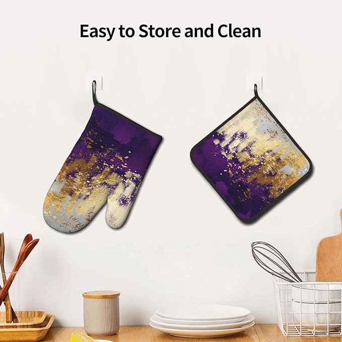 3 - Piece Purple and Gold Splash Patterned Oven Mitts and Pot Holders Set, Heat Resistant Non-Slip Modern Abstract Art Purple Kitchen Gloves for Cooking Baking Grilling, Gifts for Women, Home Decor