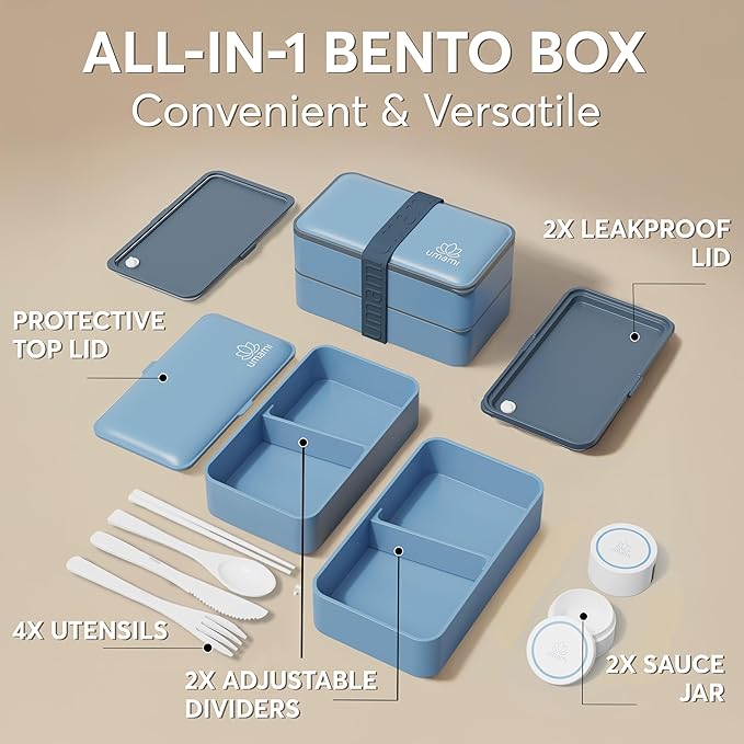 Umami Bento Box Adult All-In-1 w/4 Utensils, 2 Sauce Jar, 2 Dividers, 100% Leakproof, Microwave & Dishwasher Safe, Stackable Bento Lunch Box Containers for Men/Women, Denim Blue, 40 oz