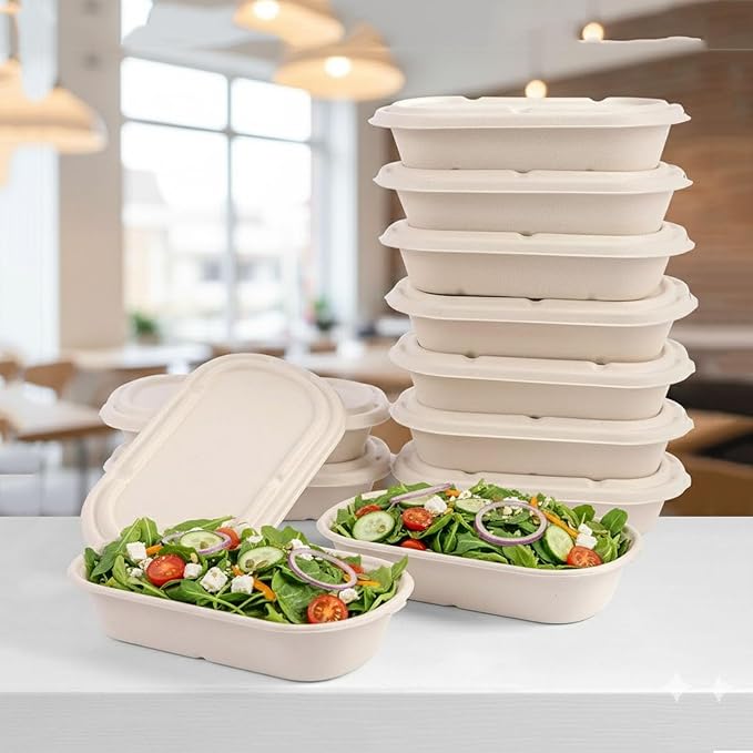 24oz Disposable Meal Prep Food Containers with Lids, 50 Pack Sugarcane Fiber Pulp Take-Out Boxes, Compostable Biodegradable Lunch Containers, Microwave & Freezer Safe, Includes Forks