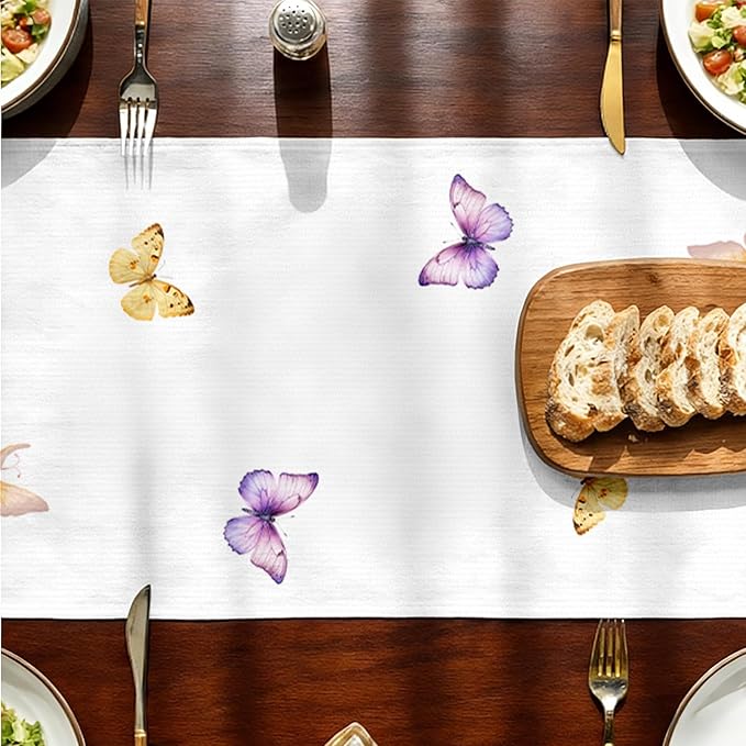 Tulips Table Runner, Spring Floral Table Runner 13x72 Inch, Pink Yellow Butterfly Pattern for Kitchen Dining Table, Indoor Outdoor Home Party Decor