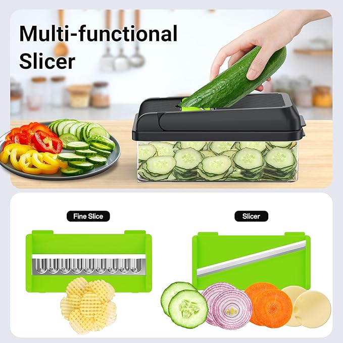 SpaceHacks 15-in-1 Vegetable Chopper, Kitchen Gadgets with 10 Blades, Veggie, Food, Onion Chopper, Cucumber Slicer, Versatile Mandoline, Includes Egg Separator & Finger Guard, Green