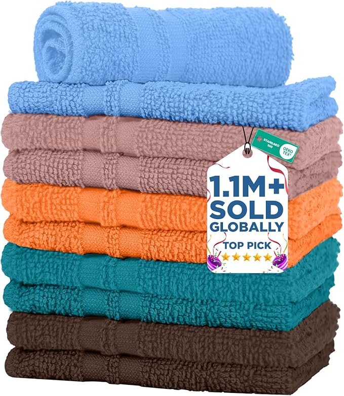 DAN RIVER 10 Pack Wash Cloths for Showering [11x11] - 100% Cotton Washcloths Premium Quality Flannel Face Cloths for Bathroom, Highly Absorbent and Soft Feel Wash Clothes, Assortment 7