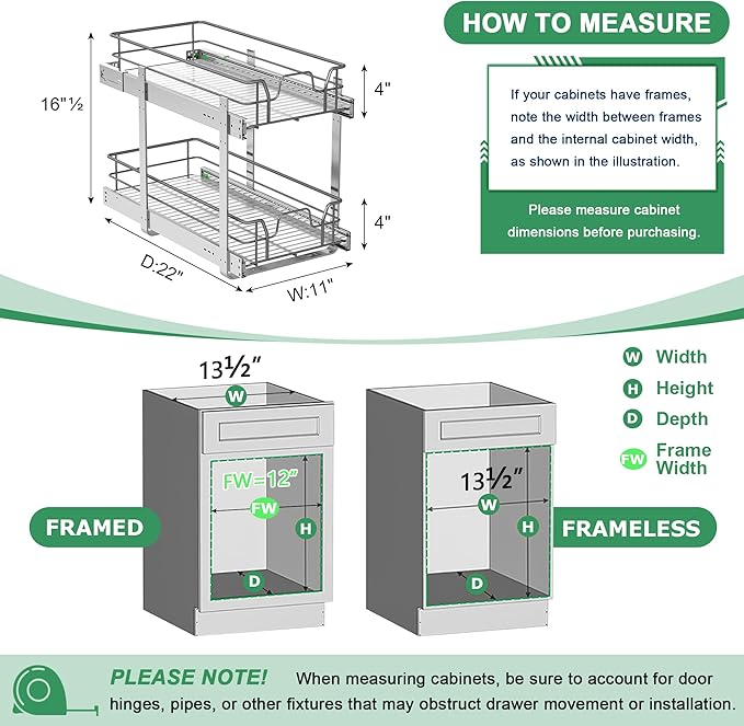 2-Tier Pull Out Cabinet Organizer (11" W x 22" D), Soft Close Cabinet Slide Out Shelves, Heavy Duty Slide Out Drawers with Shelf Liner for Kitchen Cabinets, Pantry Storage, Bathroom