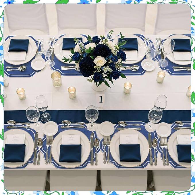 Breling 6 Pcs Wedding Placemats Scalloped Embroidered Cotton Linen Placemats 17" x 13" Double Layered Machine Washable Table Place Mat for Party Table Decor (Navy Blue)