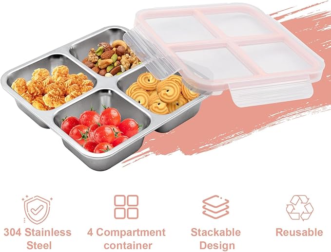 Stainless Steel Bento Lunch Box, 4 Compartment Snack Containers, Divided Meal Prep Lunch Containers, Food Storage Containers For Work and Travel