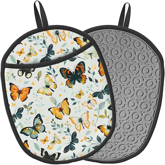 Butterfly Silicone Pot Holders Set of 2, Heat Resistant up to 500°F, Non-Slip Kitchen Hot Pads with Pocket and Soft Quilted Cotton Lining for Baking, Cooking and Hot Pots