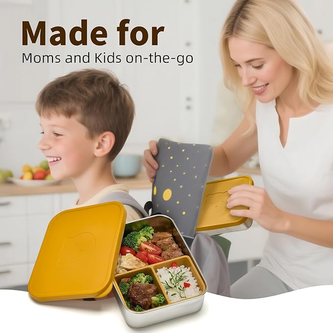 Stainless Steel Bento Box for Kids Adults, Toddler Lunch Box Containers with Silicone Lid,Removable 3 Compartment Design,Leakproof Snack Container, BPA Free, Dishwasher Safe-(1200ml,Pink)