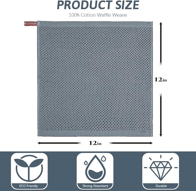 Nialnant 100% Cotton Kitchen Dish Towels,Waffle Weave Dish Cloths for Washing Dishes,Soft Absorbent Dish Rags,Quick Drying Cleaning Rags-12x12 in, 6 Pack
