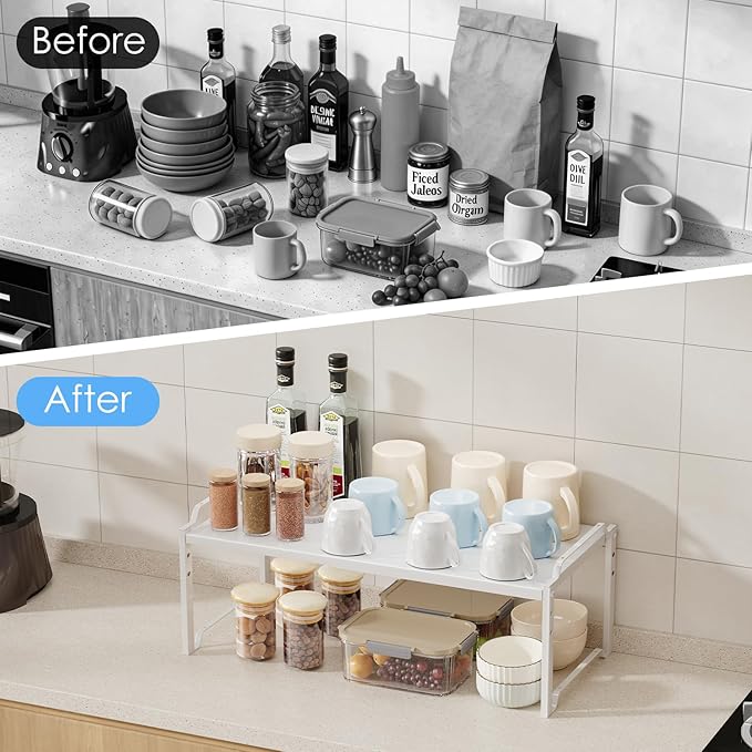 2 Pack 11” Width Expandable Kitchen Cabinet Organizer Shelves, Heavy Duty Kitchen Countertop Organizers and Storage Rack, Stackable Metal Small Storage Shelf For Pantry Counter Cupboard Organization