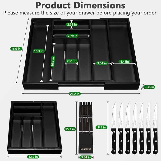 9-Piece Bamboo Kitchen Drawer Organizer Set, Expandable Silverware &Utensil Organizer with Removable Knife Block & Steak Knives, Flatware Organization, Tableware Dividers Storage(Black)