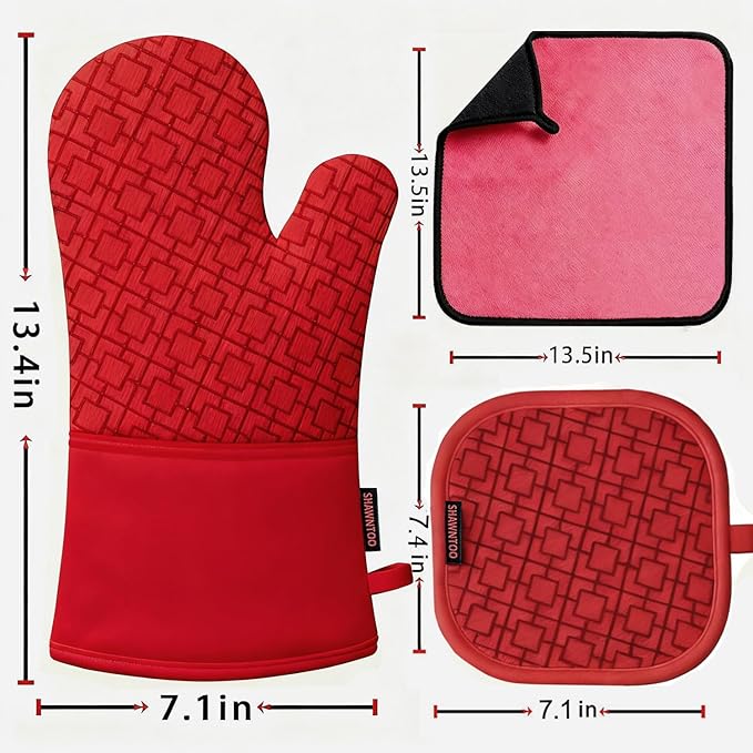 Oven Mitts and Pot Holders Sets 6pcs, Kitchen Oven Glove,High Heat Resistant 550 Degree Extra Long Oven Mitts and Potholders with Non-Slip Silicone Surface for Home Essentials (Grey) (Coral Red)