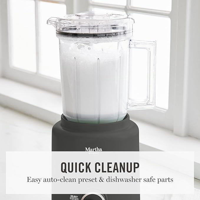Martha Stewart Countertop Blender, 50oz Jar, 6 Stainless Steel Blades 3 Speeds & 5 Presets, Auto Clean, Smoothies, Crush Ice, Shakes, Chop, Margarita, Measurement Markings, 700W, Caviar Gray