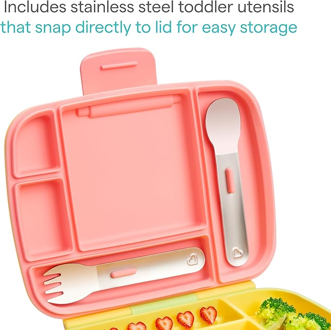 Munchkin Lunch Bento Box for Kids and Toddlers, Includes Stainless Steel Utensils, BPA-Free, 18 Months and Up, Pink/Green/Yellow